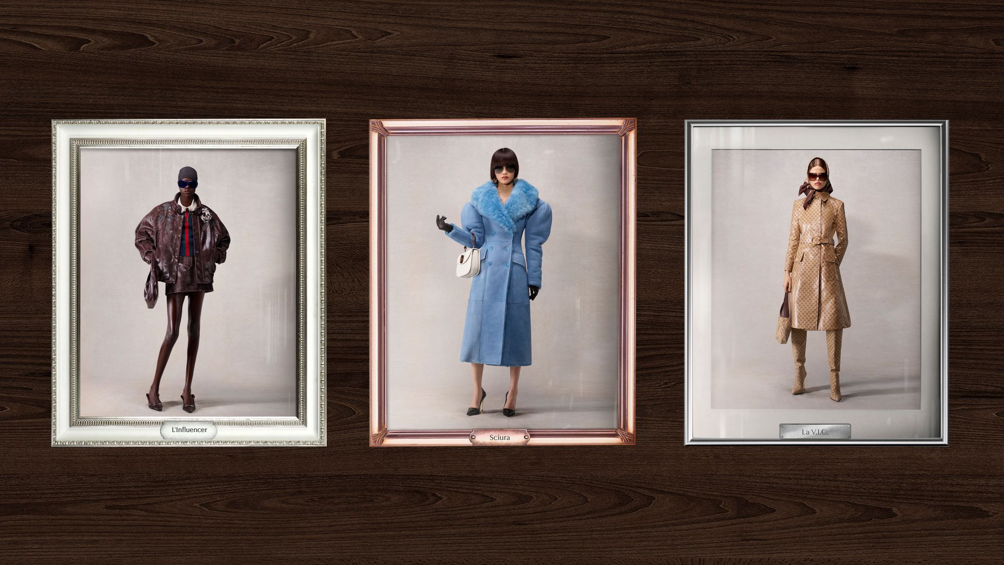 Gucci's own archetype portraits, hung and captioned: L'Influencer, Sciura, La V.I.C.