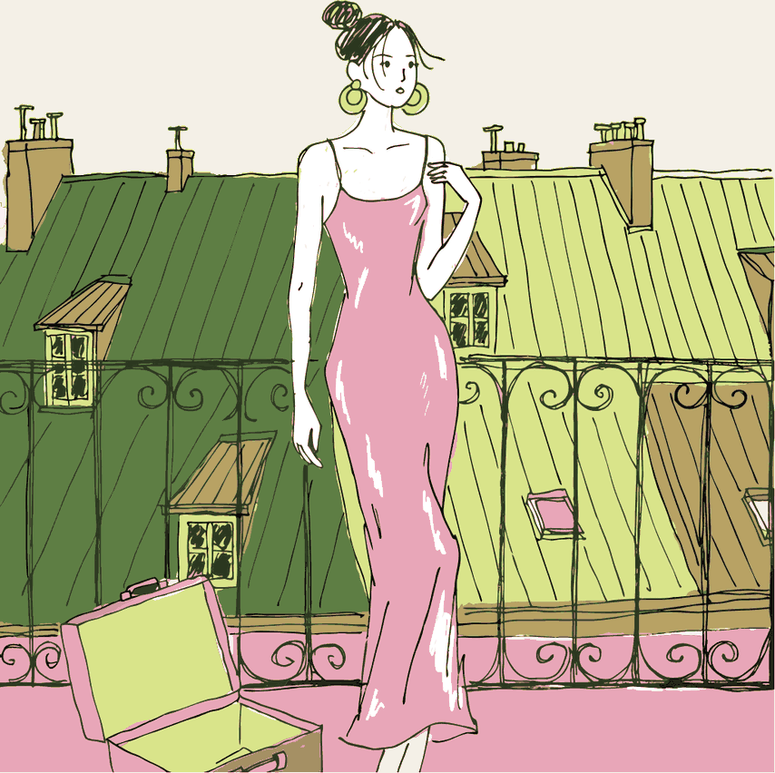 A woman on a Paris balcony in a borrowed slip dress, an open suitcase at her feet.