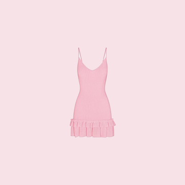 A pink ribbed mini dress with a ruffle hem