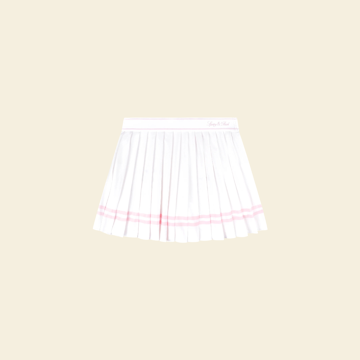 A white pleated tennis skirt with pink stripes