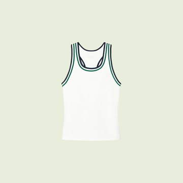 A white tennis tank with navy and green tipping