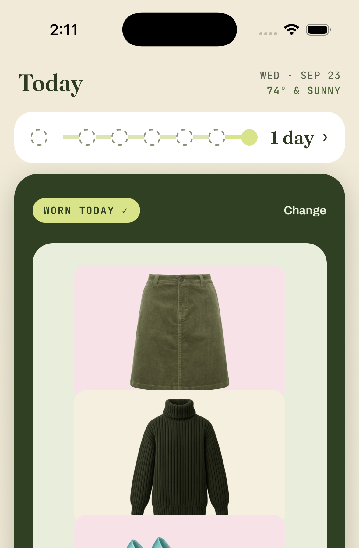 The Today screen, with the day’s weather and the outfit she logged as worn
