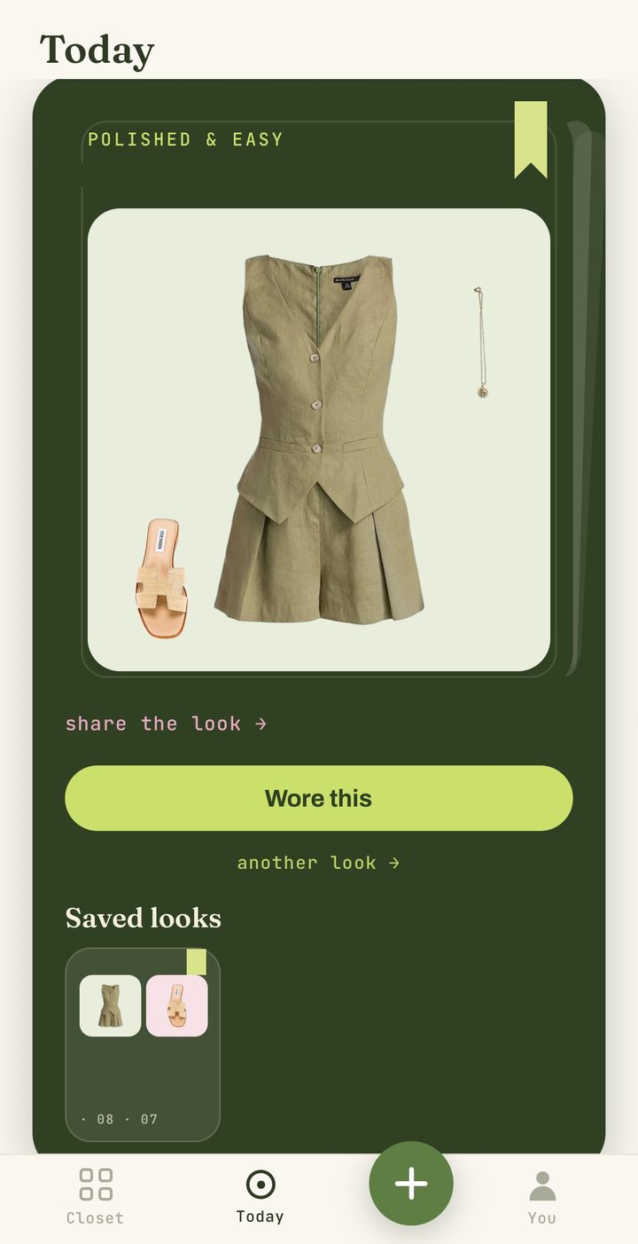 Volley's Today's Fit: an outfit picked from her own closet — an olive linen vest and shorts set, a gold pendant necklace and tan raffia slides — with a button reading Wore this.
